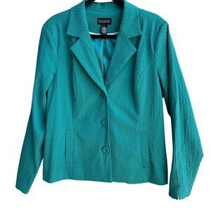 Dialogue Womens Teal Textured Stretch Adjustable Belt Button-Up Blazer Jacket L